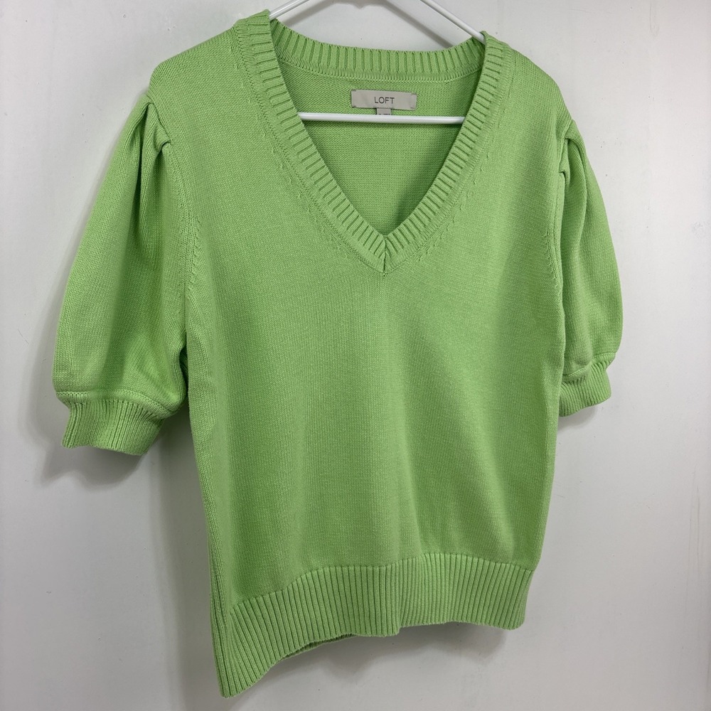 Loft Womens‎ XL Green Knit Puff Sleeve Cotton Sweater Classic Feminine Preppy - Picture 2 of 13